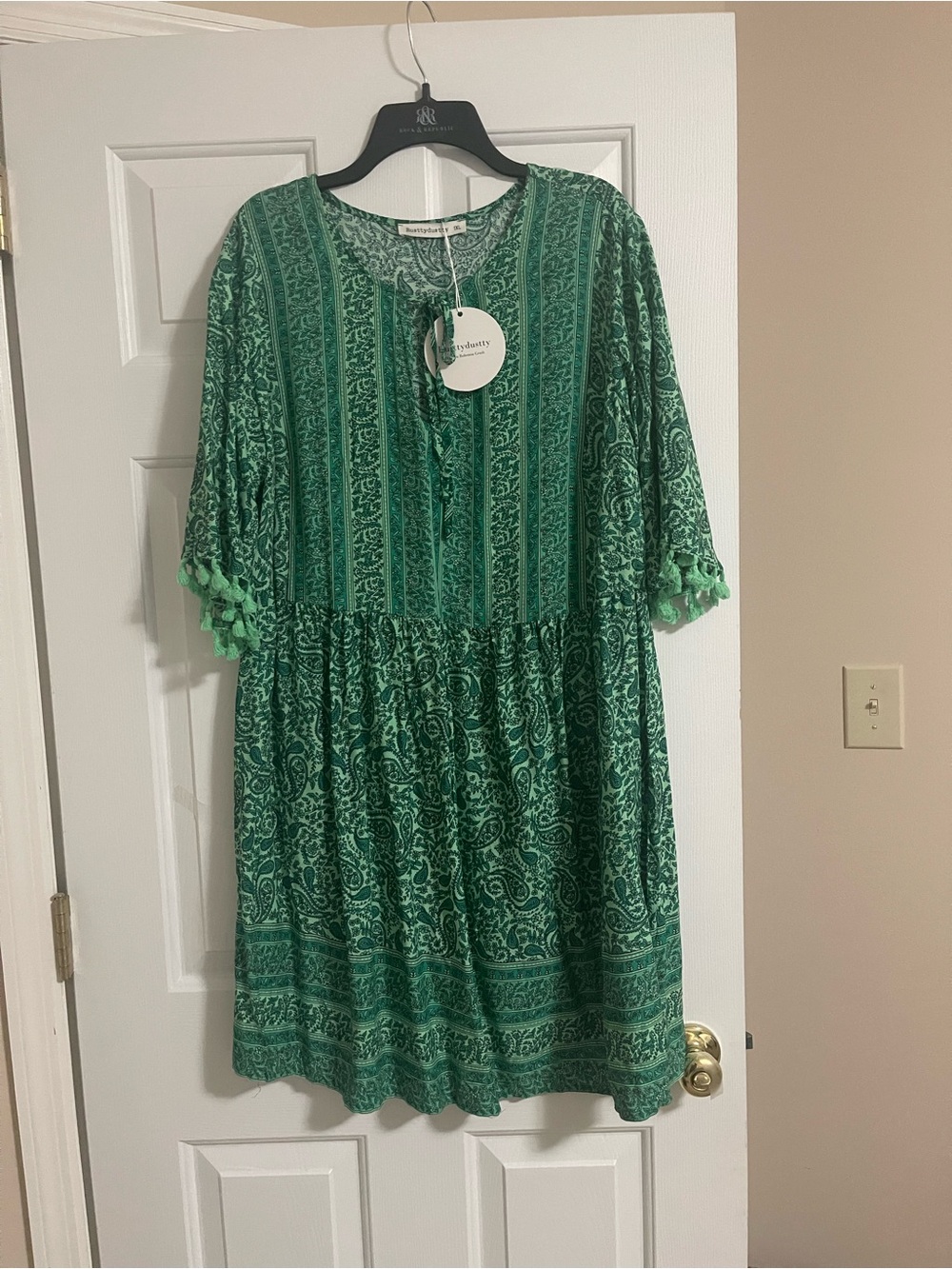 Green Printed Midi Dress with Tassel Trim